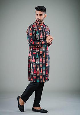 Black Printed Satin Cotton Kurta Pyjama Set For Men