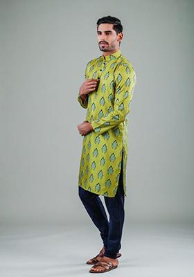 Green Printed Satin Cotton Kurta Pyjama Set For Men