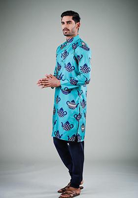 Turquoise Printed Satin Cotton Kurta Pyjama Set For Men