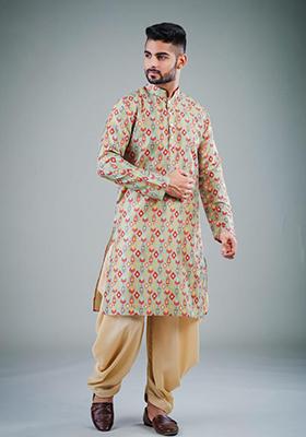 Beige Printed Satin Cotton Kurta Pyjama Set For Men
