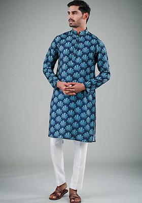 Navy Blue Printed Satin Cotton Kurta Pyjama Set For Men