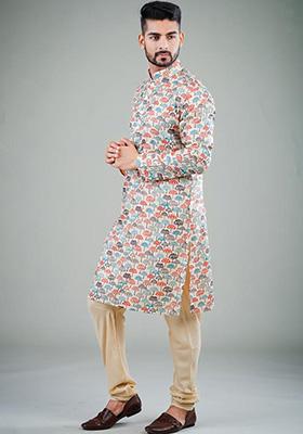 Multicolor Printed Satin Cotton Kurta Pyjama Set For Men