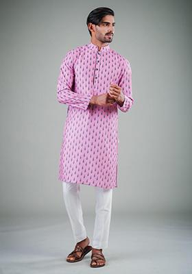 Pink Printed Satin Cotton Kurta Pyjama Set For Men