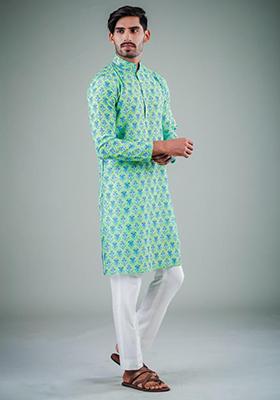 Green Printed Satin Cotton Kurta Pyjama Set For Men