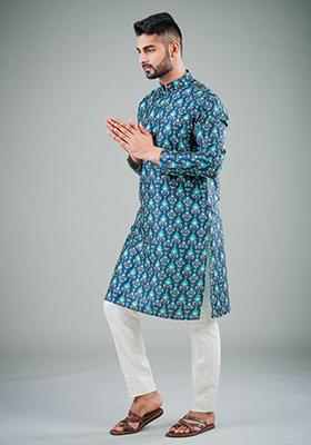 Navy Blue Printed Satin Cotton Kurta Pyjama Set For Men