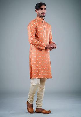 Orange Printed Satin Cotton Kurta Pyjama Set For Men
