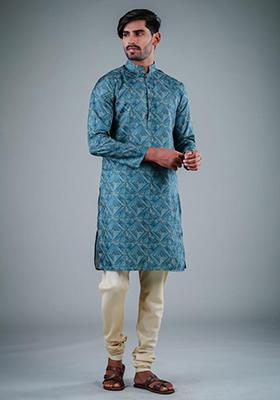 Teal Printed Satin Cotton Kurta Pyjama Set For Men