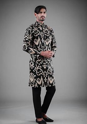 Black Printed Satin Cotton Kurta Pyjama Set For Men