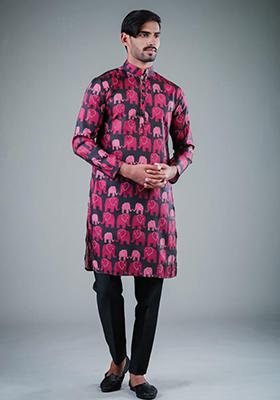 Black Printed Satin Cotton Kurta Pyjama Set For Men