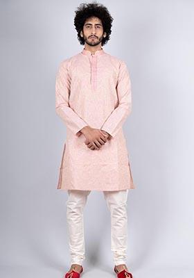 Pink Woven Cotton Kurta Pyjama Set For Men