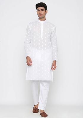 White Woven Cotton Kurta Pyjama Set For Men