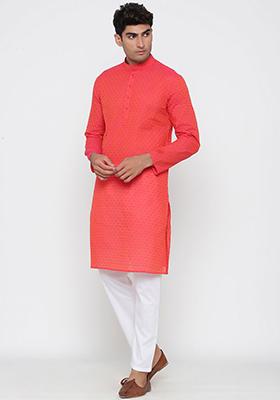 Peach Woven Cotton Kurta Pyjama Set For Men