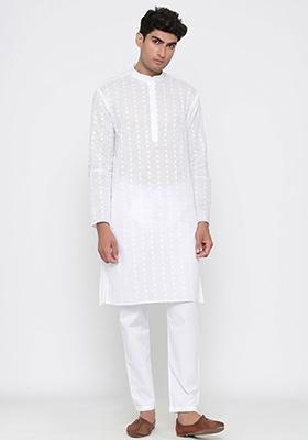 White Woven Cotton Kurta Pyjama Set For Men