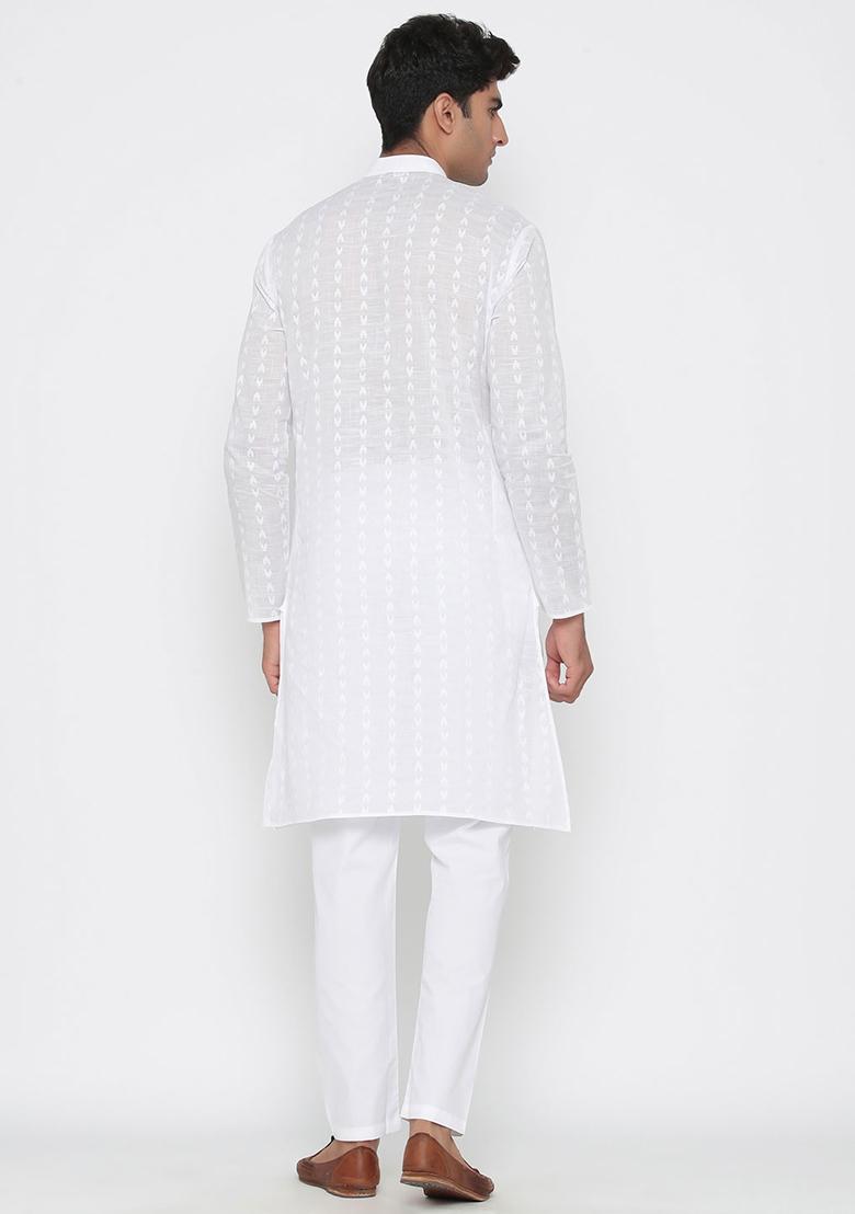 White Woven Cotton Kurta Pyjama Set For Men