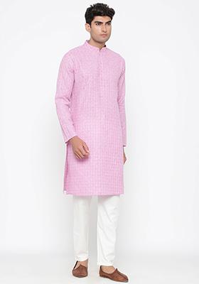Pink Woven Cotton Kurta Pyjama Set For Men
