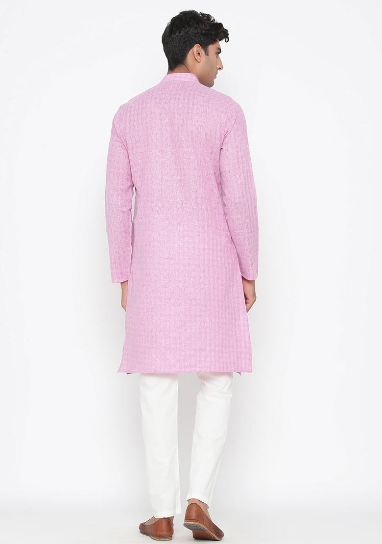 Pink Woven Cotton Kurta Pyjama Set For Men