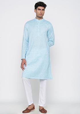 Sky Blue Woven Cotton Kurta Pyjama Set For Men
