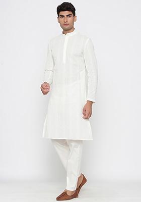 White Woven Cotton Kurta Pyjama Set For Men