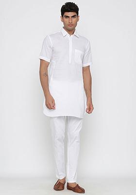 White Solid Cotton Kurta Pyjama Set For Men