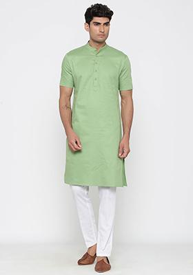 Olive Green Solid Cotton Kurta Pyjama Set For Men