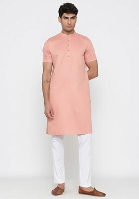 Pink Solid Cotton Kurta Pyjama Set For Men