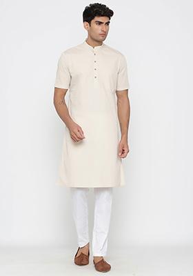 Off White Solid Cotton Kurta Pyjama Set For Men