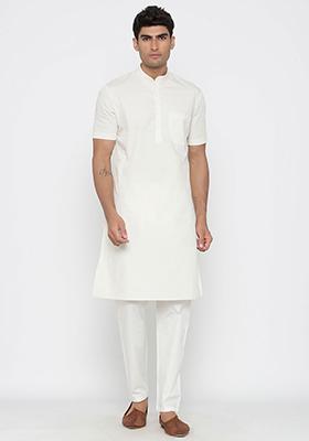 White Solid Cotton Kurta Pyjama Set For Men