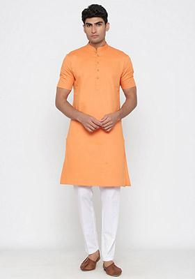 Orange Solid Cotton Kurta Pyjama Set For Men