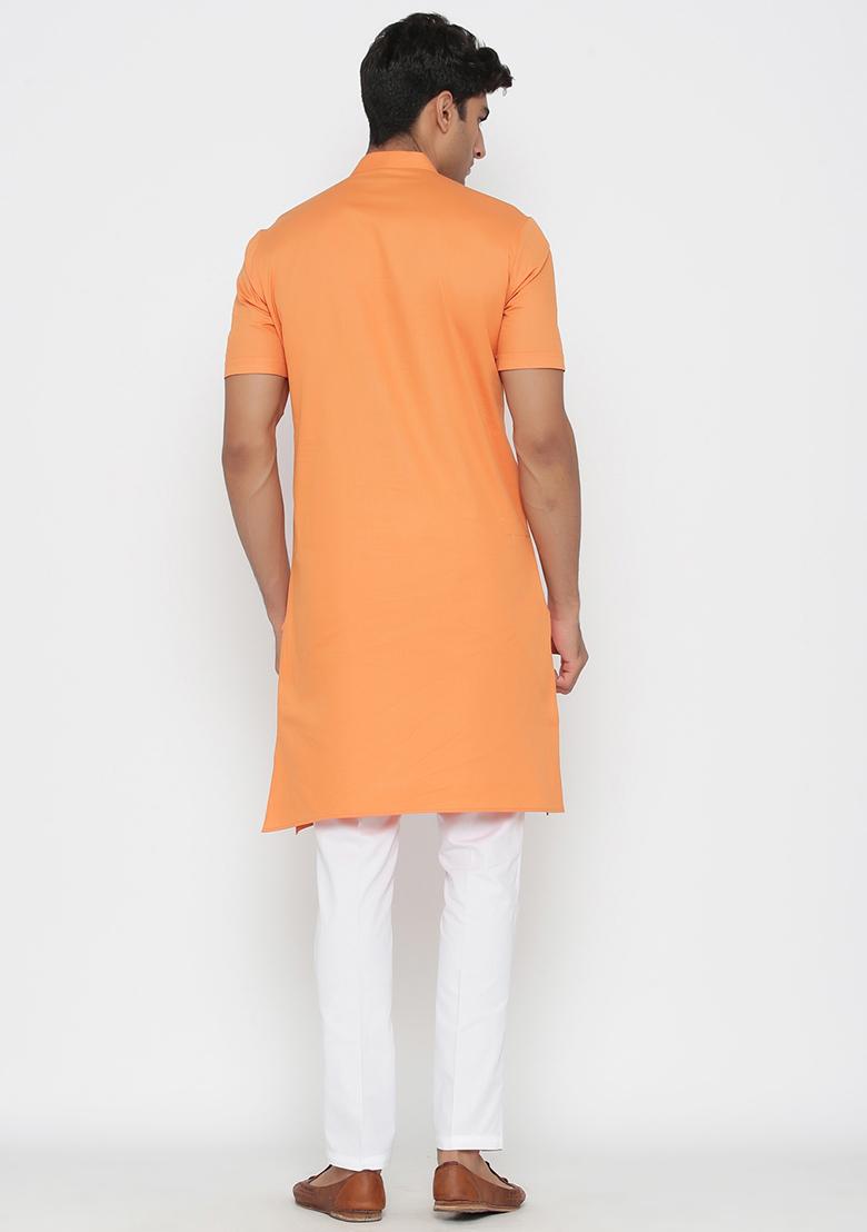 Orange Solid Cotton Kurta Pyjama Set For Men