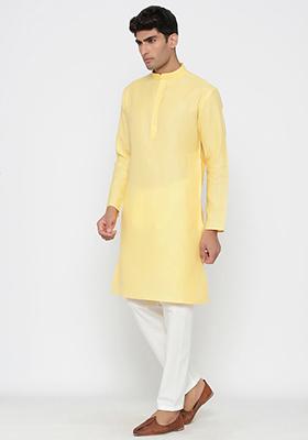 Yellow Solid Cotton Kurta Pyjama Set For Men