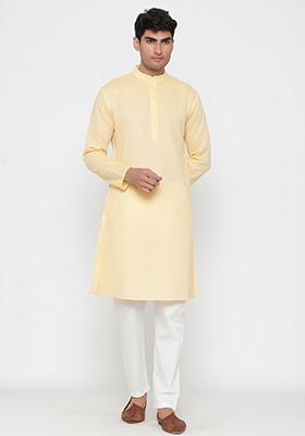 Yellow Solid Cotton Kurta Pyjama Set For Men