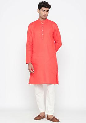 Peach Solid Cotton Kurta Pyjama Set For Men