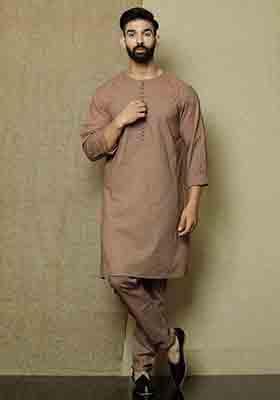 Brown Solid Cotton Kurta Pyjama Set For Men