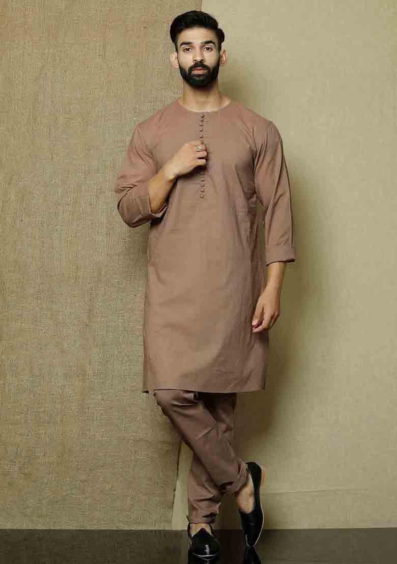 Brown Solid Cotton Kurta Pyjama Set For Men