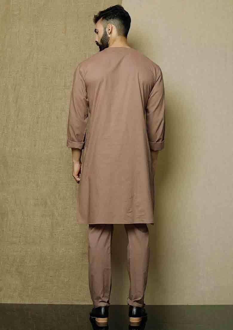 Brown Solid Cotton Kurta Pyjama Set For Men