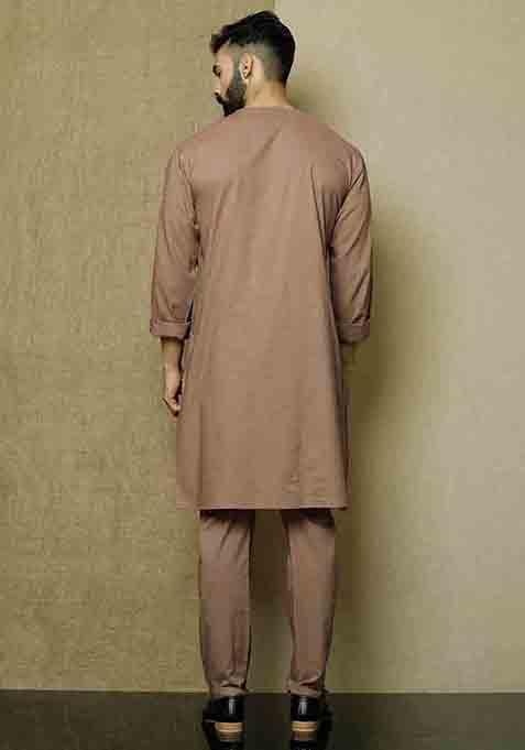 Brown Solid Cotton Kurta Pyjama Set For Men