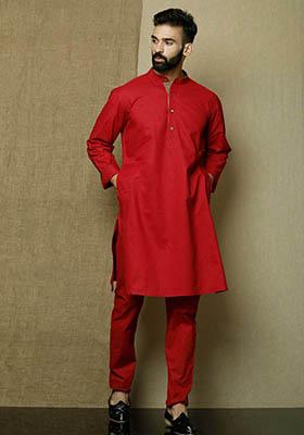 Red Solid Cotton Kurta Pyjama Set For Men