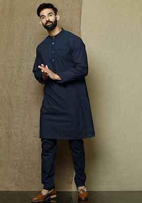 Blue Solid Cotton Kurta Pyjama Set For Men