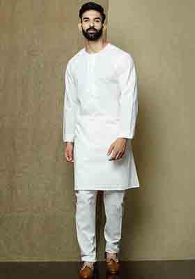 White Solid Cotton Kurta Pyjama Set For Men