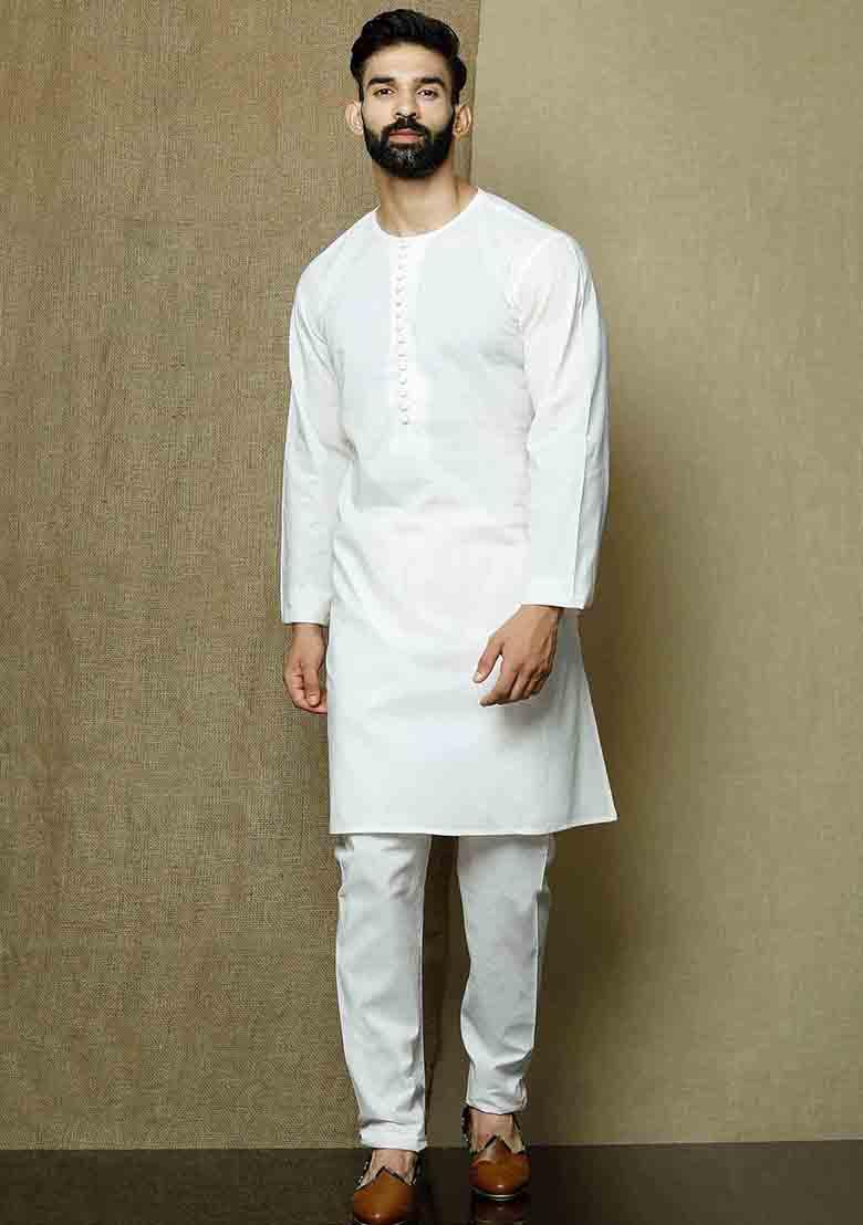 White Solid Cotton Kurta Pyjama Set For Men