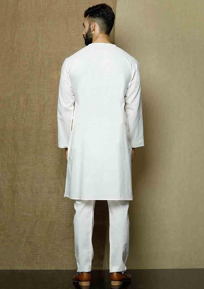White Solid Cotton Kurta Pyjama Set For Men