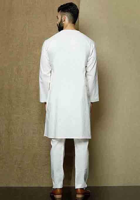 White Solid Cotton Kurta Pyjama Set For Men