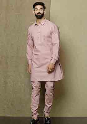 Pink Solid Cotton Kurta Pyjama Set For Men