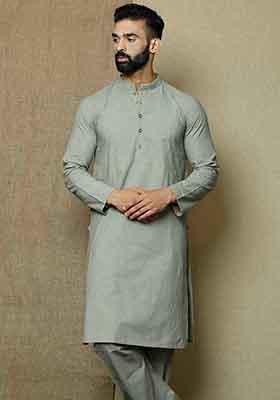 Grey Solid Cotton Kurta Pyjama Set For Men