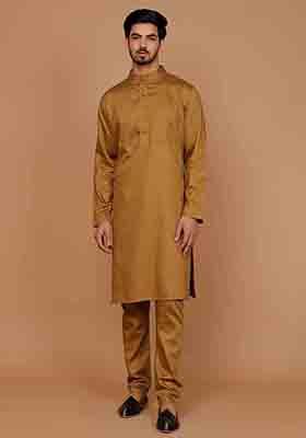Golden And Brown Solid Cotton Kurta Pyjama Set For Men