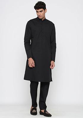 Black Solid Cotton Kurta Pyjama Set For Men
