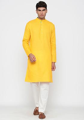 Yellow Solid Cotton Kurta Pyjama Set For Men
