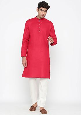 Pink Solid Cotton Kurta Pyjama Set For Men
