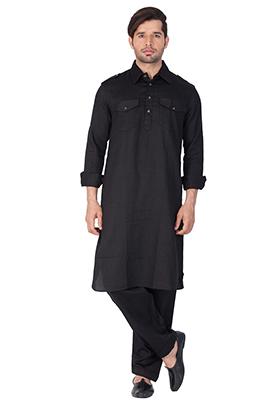 Black Solid Cotton Kurta Pyjama Set For Men