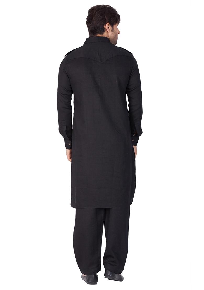 Black Solid Cotton Kurta Pyjama Set For Men